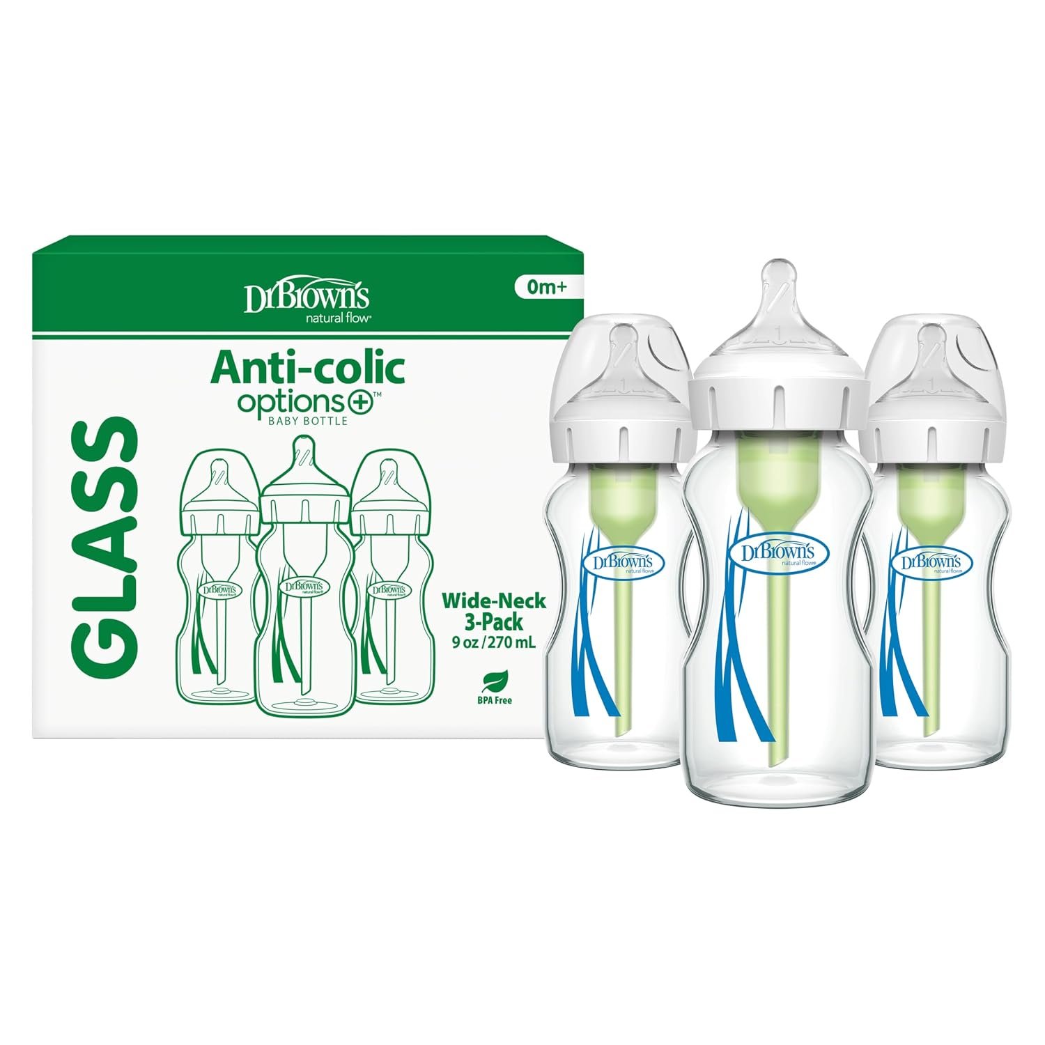 Dr. Brown’s Natural Flow Anti-Colic Options+ Wide-Neck Glass Baby Bottles 9 oz/270 mL, with Level 1 Slow Flow Nipple, 3 Pack, 0m+