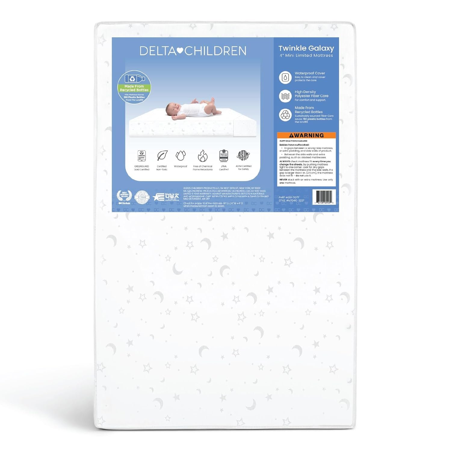 Delta Children Twinkle Galaxy Limited 4-inch Mini Crib Mattress – Premium Sustainably Sourced Fiber Core – Waterproof – GREENGUARD Gold Certified (Non-Toxic) – 5 Year Warranty – Made in USA