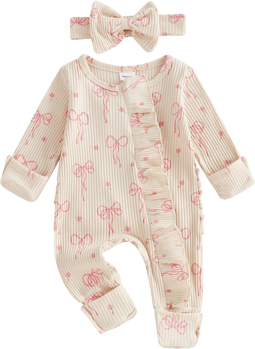Socutebabe Newborn Baby Girl Fall Winter Clothes Coming Home Outfit Ruffle Romper Cute Ribbed Knit Jumpsuit Headband
