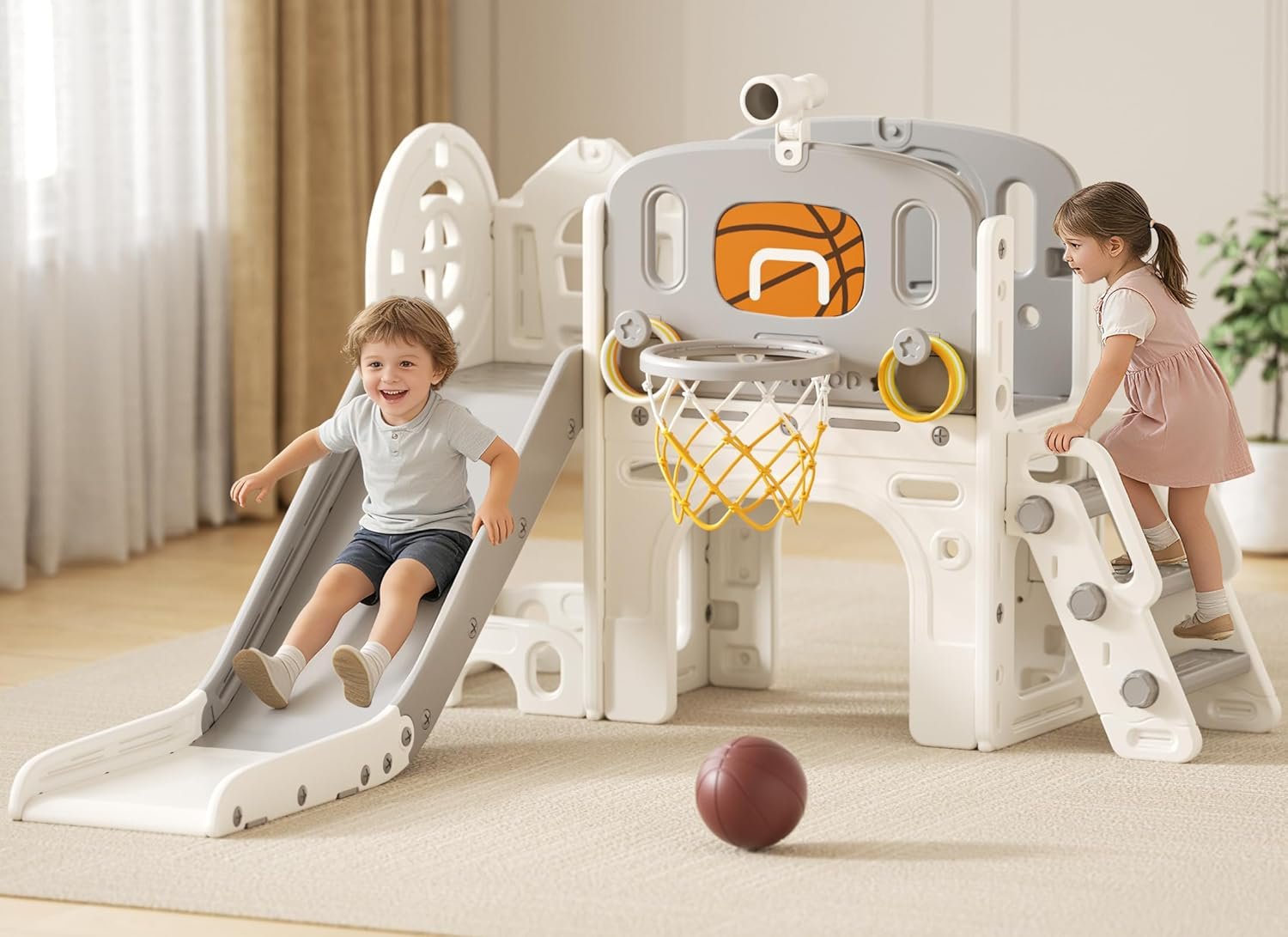 XJD 8 in 1 Toddler Slide Set, Kids Slide for Toddlers Age 1+, Climber Slide PlaySet with Basketball Hoop and Ball,Outdoor Indoor Playground for Toddlers 1-3 (Gley, Small)