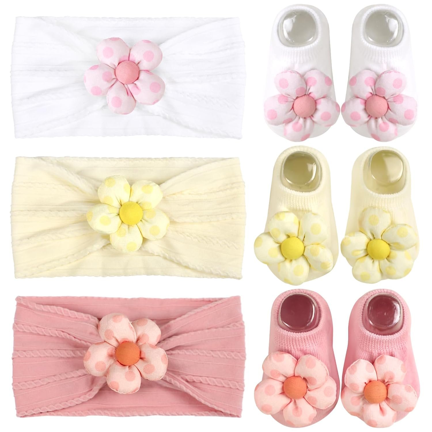 MIUXUESO Baby Girls Headbands and Socks Newborn Flower Hairbands Non-Slip Grips Socks Nylon Hair Accessories Infants and Toddlers (Pink, 6-12 Months)