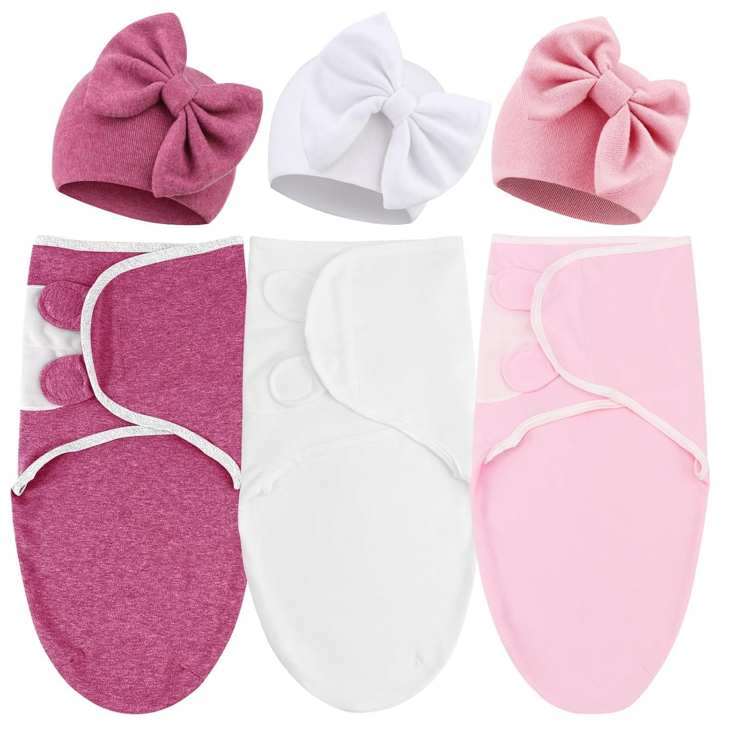 DRESHOW BQUBO 3 Pack Newborn Baby Swaddle Blanket with Hats Infant Adjustable Velcro Swaddling Wraps with Bear Ears Cap for 6-12 Lbs Newborns & 0-3 Months Girls Boys