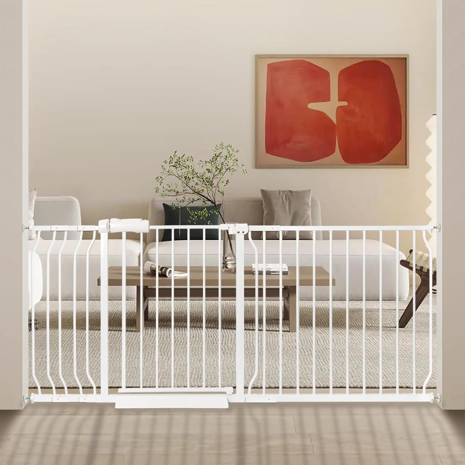Extra Wide Baby Gate 57.5-71.65 Pressure Mounted,Child Dog Pet Safety Gates with Walk Through Door for Doorways Stairs No Drilling in Door,White