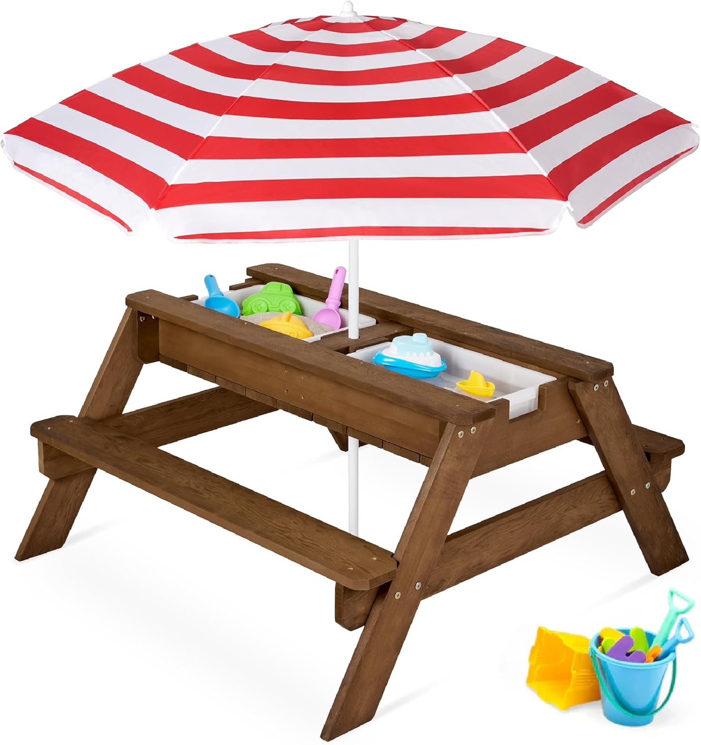 Best Choice Products Kids Picnic Table with Umbrella, 3-in-1 Sand & Water Table, Outdoor Convertible Picnic Table for Toddlers, Seats 4, Removable Top, 2 Buckets – Walnut/Red