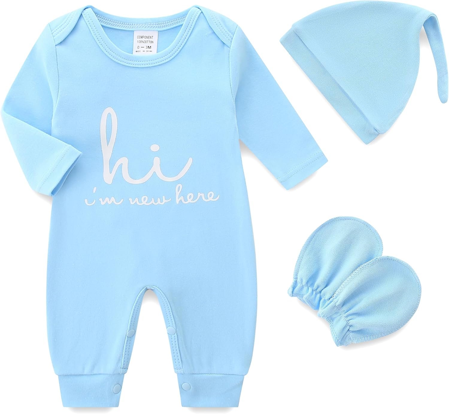 Newborn Baby Romper Cotton Coming Home Outfits Hi Im New Here with Hat Gloves Long Sleeve Solid Onesie