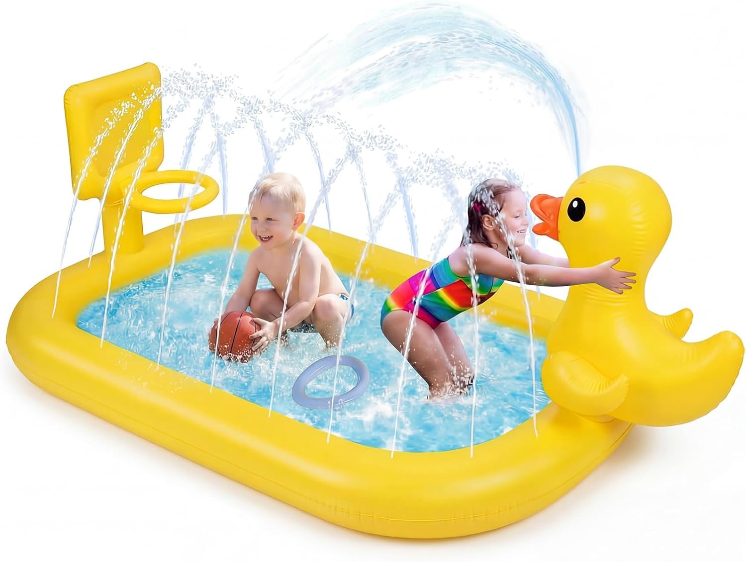 Jenaai Splash Pad for Kids 63″ Inflatable Yellow Duck Sprinkler Mat for Toddler 3-in-1 Water Toy with Basketball Game Indoor Outdoor Summer Kiddie Pool Play Center Birthday Gift for Boys Girls