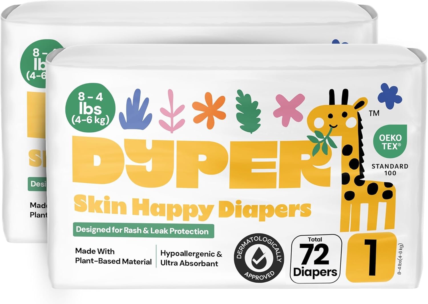 DYPER – Pack of 2 Baby Diapers Size 1 (72 Count) – Leak Proof, Plant Based, Hypoallergenic & Ultra Absorbent Disposable Diaper for Day & Overnight, Skin-Friendly Comfort Size 1 Diapers (8-14 lbs)