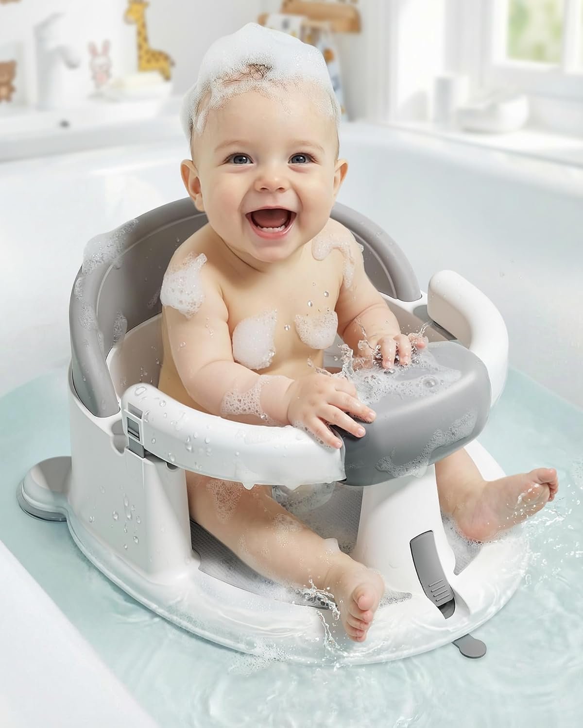 ONTHEWEI Baby Bath Seats for Babies Sitting Up, Non-Slip Baby Bathtub with 3 Suction Cups, Safe & Comfortable Toddler Bath Seat Ideal for Baby Bath/Shower Support, Stable Design, Grey (6-24 Months)