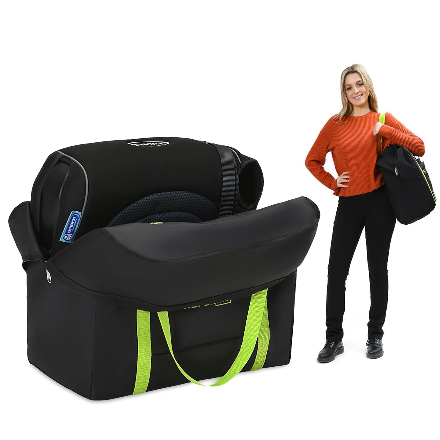 Reperkid Booster Seat Travel Bag for Airplane, Black and Green, 17″ H x 16.5″ W x 9.5″ D, Compatible with Gb Pockit Stroller & Most Boosters– Premium Waterproof Cover, Hand Bag Design, Durable Zipper