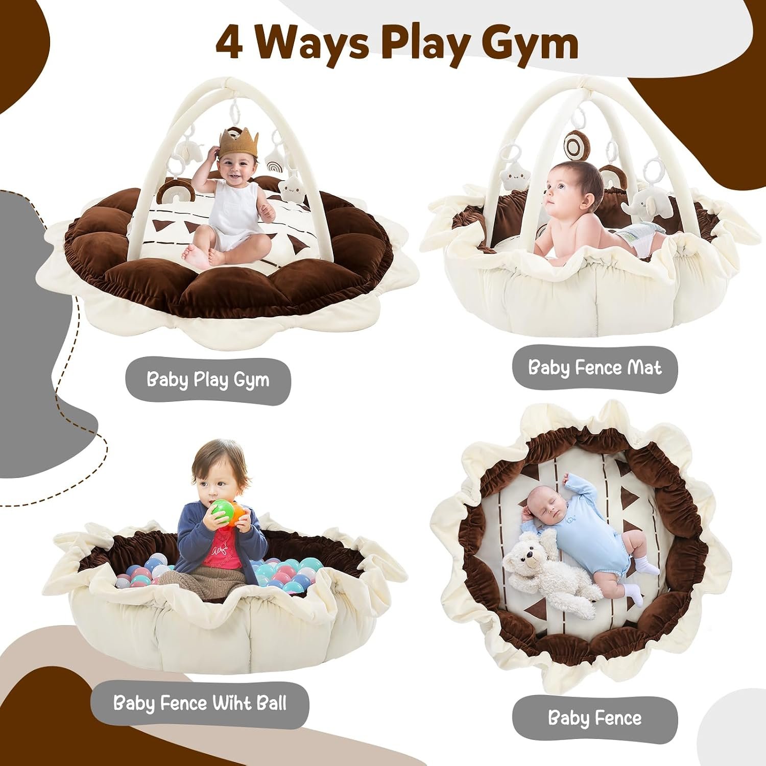 ibabejoy Baby Play Mat, Thick Plush Play Gym for Tummy Time, Stage-Based Develppment Activity Play Gym for Newborn to Toddler, Ball Pit Mat for Infant(Balls are not Included)