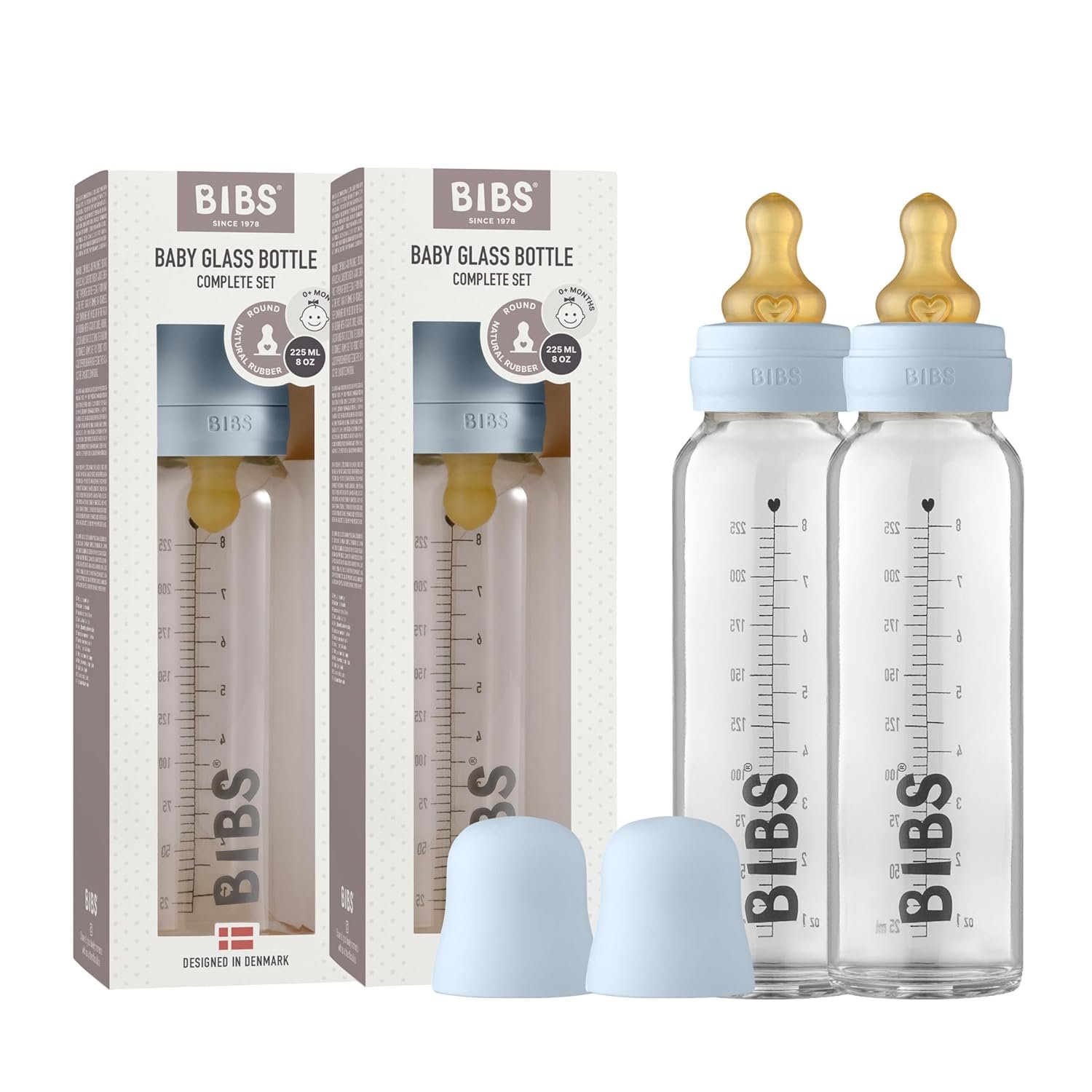 Bibs Baby Glass Bottle | Newborn Anti-Colic Baby Bottles | Borosilicate Glass with a Natural Vented Round Natural Rubber Latex Nipple | Consistent Flow Rate | 7.6 oz/225 ml | 2 Pack | Baby Blue