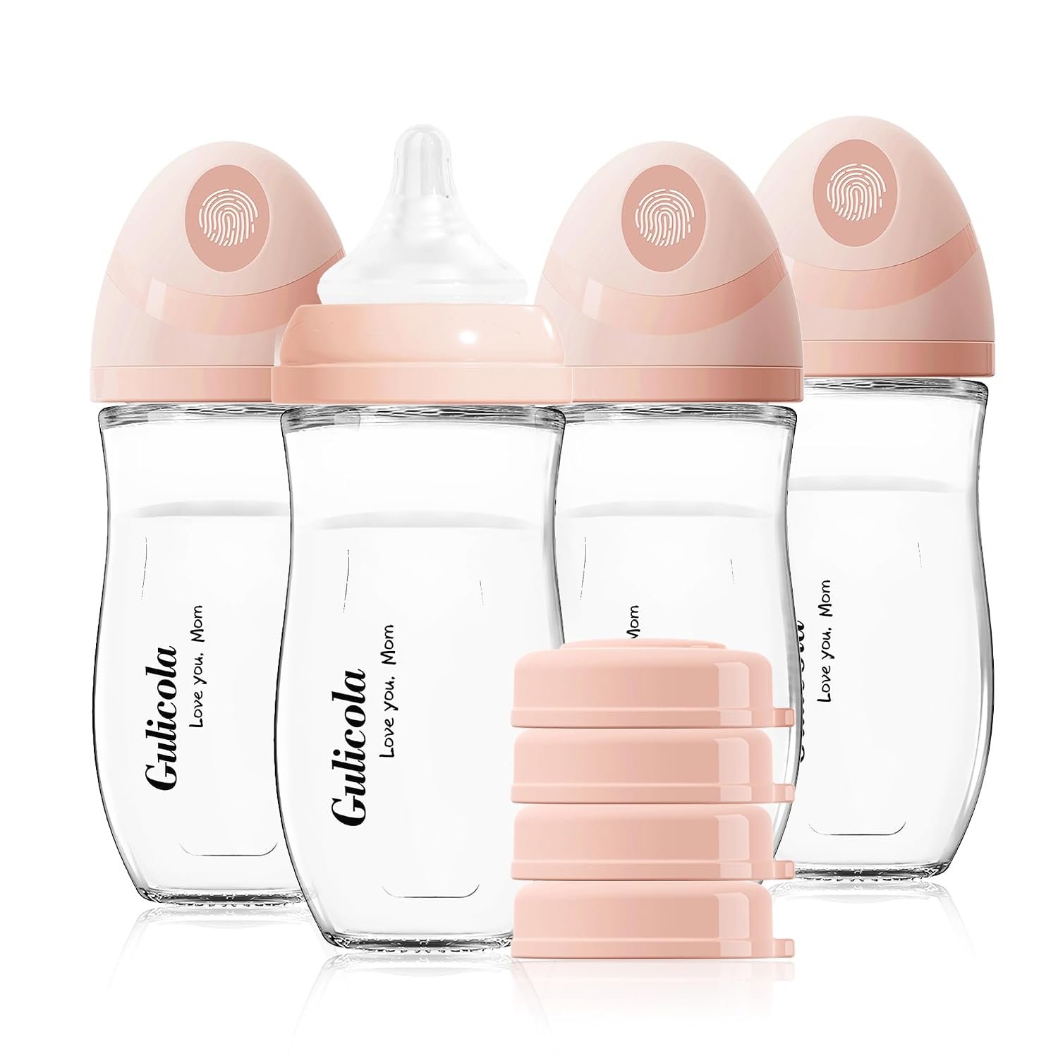 Gulicola Natural Glass Baby Bottle 8 oz for Breastfed Babies, Anti-Colic Baby Bottle Set with Medium Flow Nipple, 3 Months +, 4 Pack – Pink