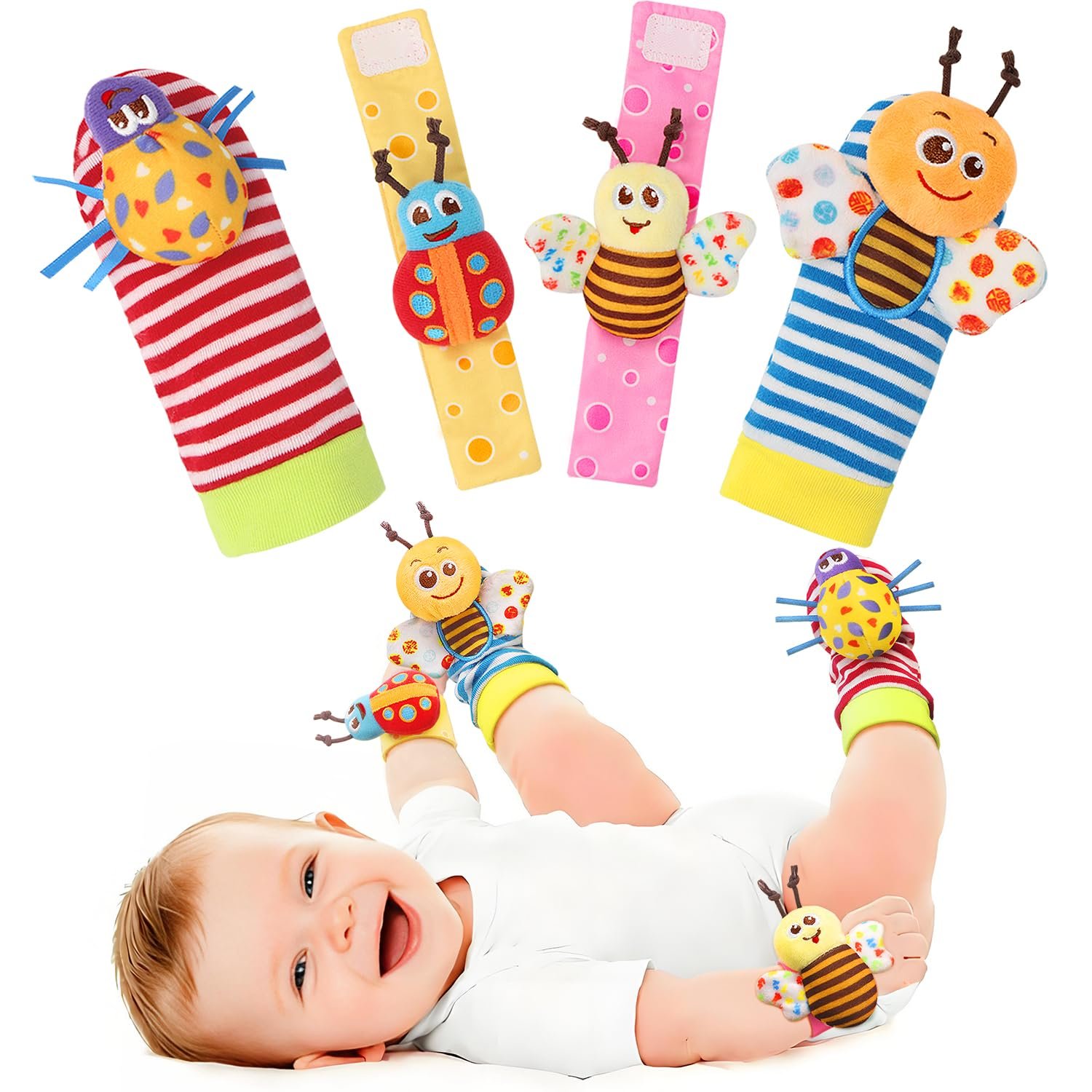 Bloobloomax Wrist Rattle Socks and Foot Finder Set, Infant Girl Boy Toys for Babies 0-36 Months, Newborn Hand & Foot Toys for 0 to 3 Years, Baby Shower Gifts Set