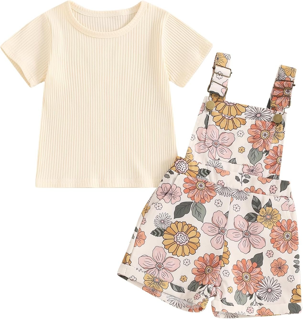 Toddler Baby Girls Summer Outfit Short Sleeve Ribbed Tops + Flower Suspender Overalls Shorts Set Kids Cute Clothes