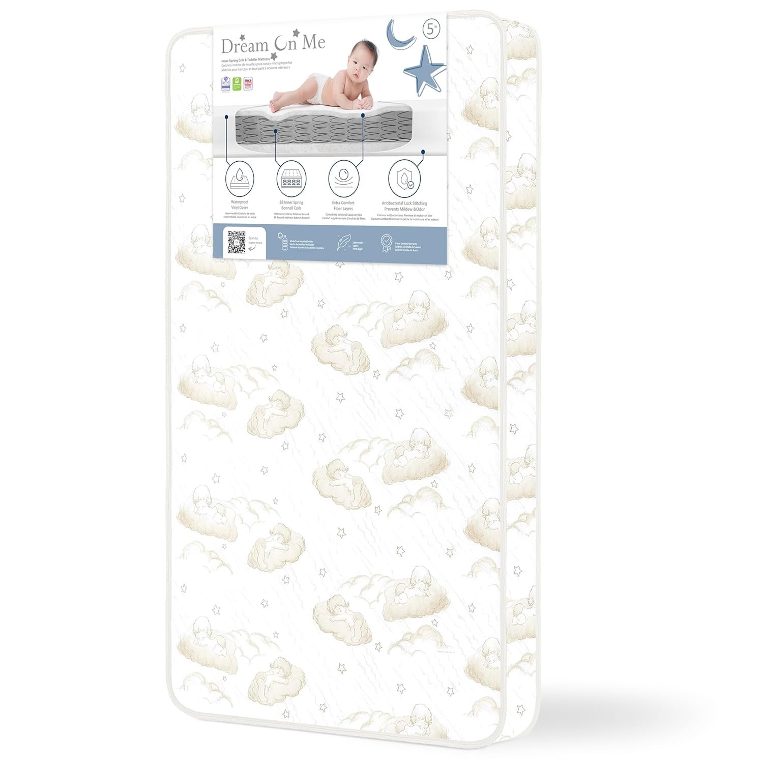 Dream On Me Twilight 5” 88 Coil Inner Spring Crib & Toddler Mattress – Brown Cloud, Greenguard Gold & BSA Certified, Waterproof & Stain-Resistant Cover, Fits Standard Full-Size Cribs & Toddler Beds