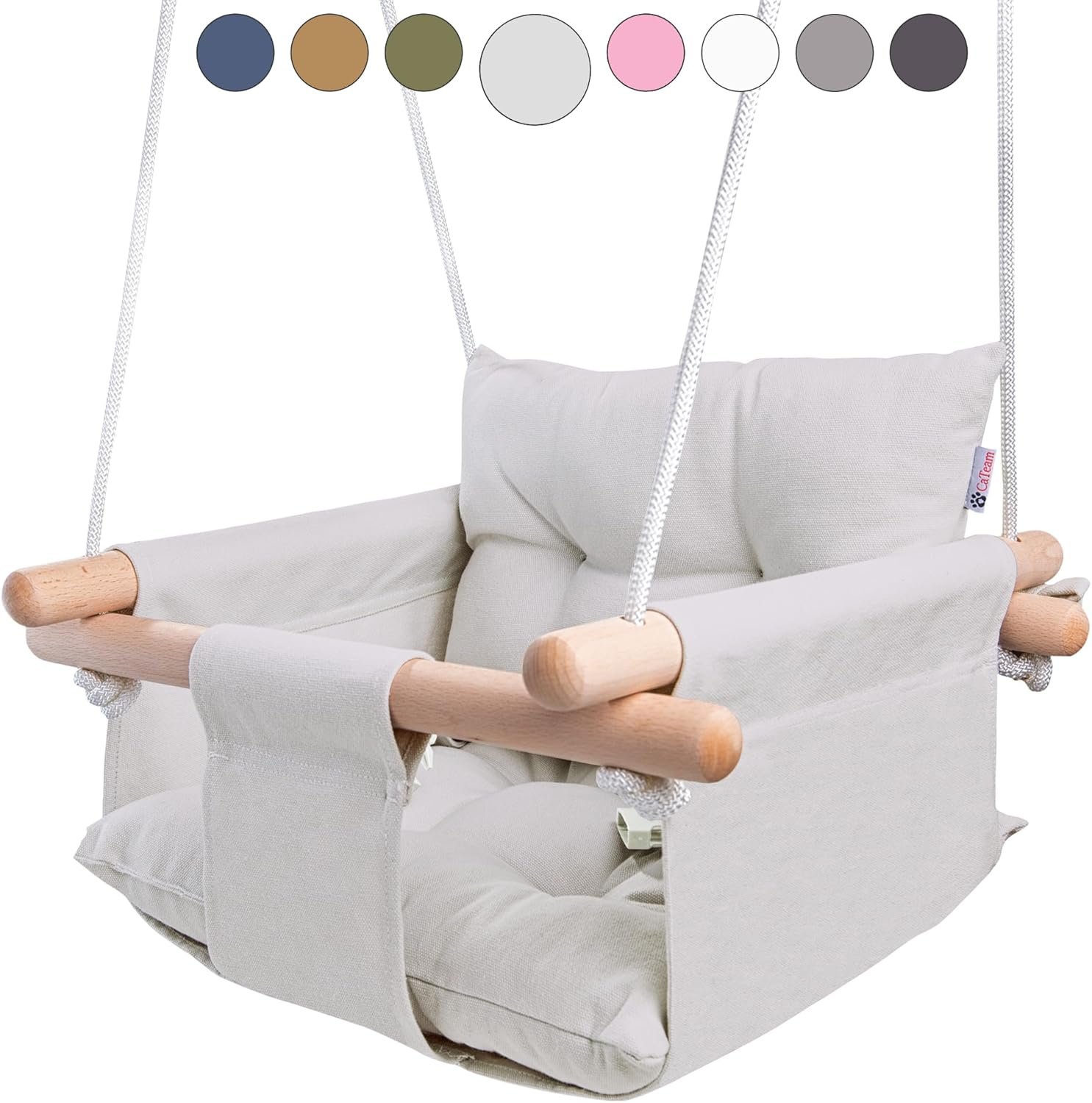 CaTeam Canvas Baby Swing Seat with 5-Point Safety Belt — Wooden Hanging Toddler Swing, Indoor & Outdoor, Ages 1-4, Ceiling Mount Hardware Included, Gray