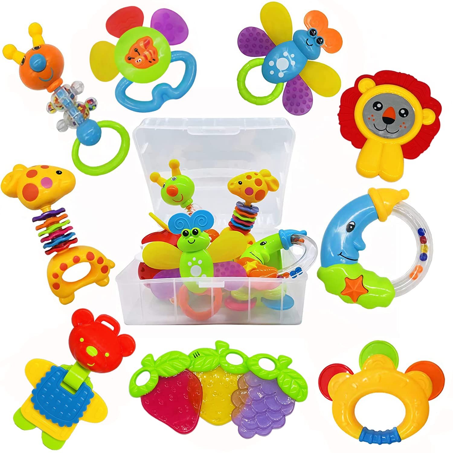 AIVIAI Baby Toys 0-6 Months Infant Toys 0-3 Months Infant Rattles Baby Rattle Teether Toy Set with Storage Box Musical rattles for Newborn Boy Girl Gifts Set with Baby’s First Rattle Teether (11pcs)