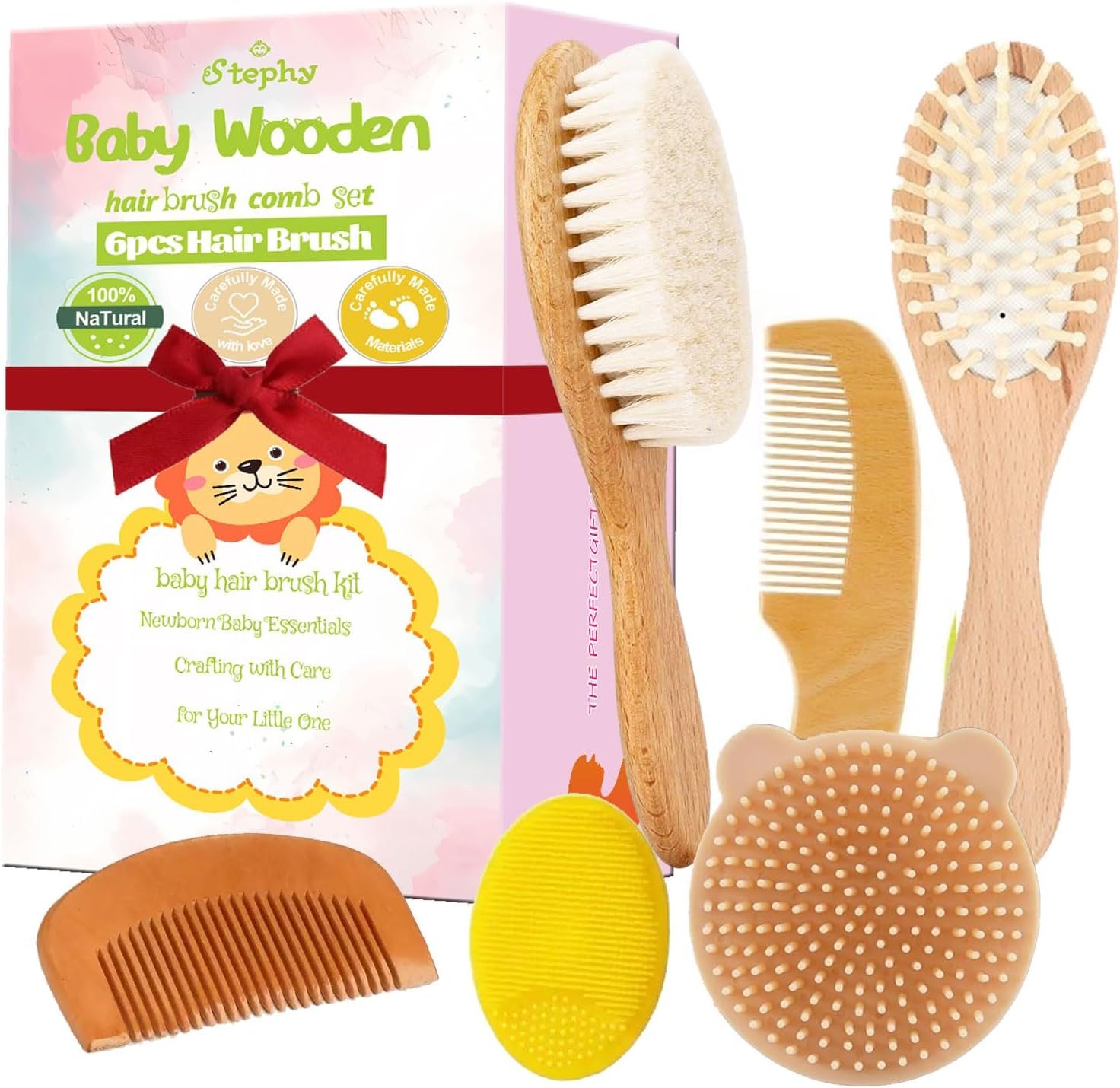 6 Piece Baby Hair Brush & Comb Set, Natural Bamboo & Goat Bristle for Cradle Cap Care, Newborn to Toddler Grooming Kit with Silicone Scrubbers for Scalp Massage
