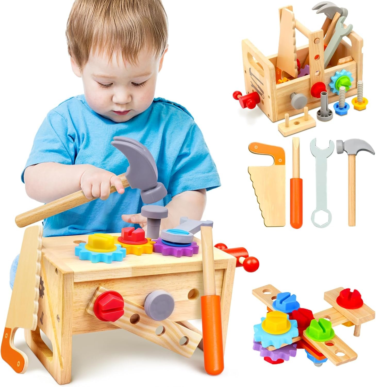 Mgtfbg Kids Tool Set – 29 PCS Wooden Toddler Tool with Box, Montessori STEM Educational Pretend Play Construction Toy for 2 3 4 5 6 Year Old Boys Girls, Best Birthday Gift