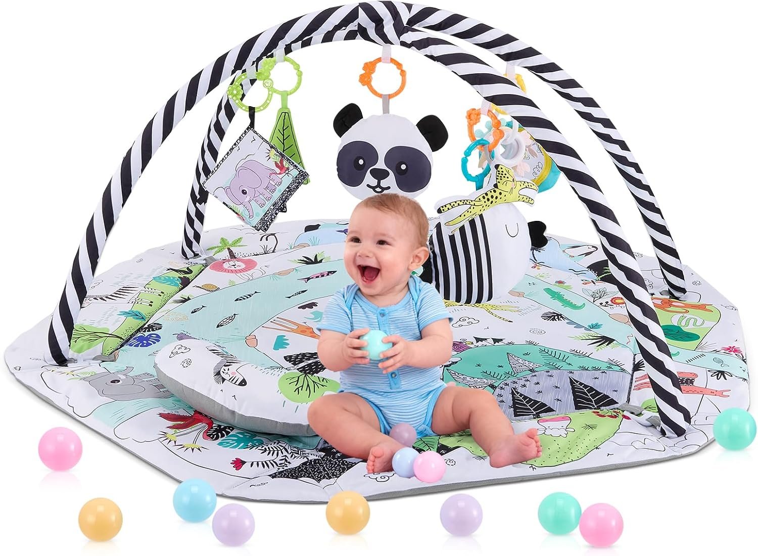 Baby Gym Play Mat, 9-in-1 Baby Play Mats w 9 Detachable Toys for Stage-Based Sensory & Motor Skill Development, Washable Baby Activity Mat & Crawling Blanket for Baby to Toddler, Baby Essentials Gift