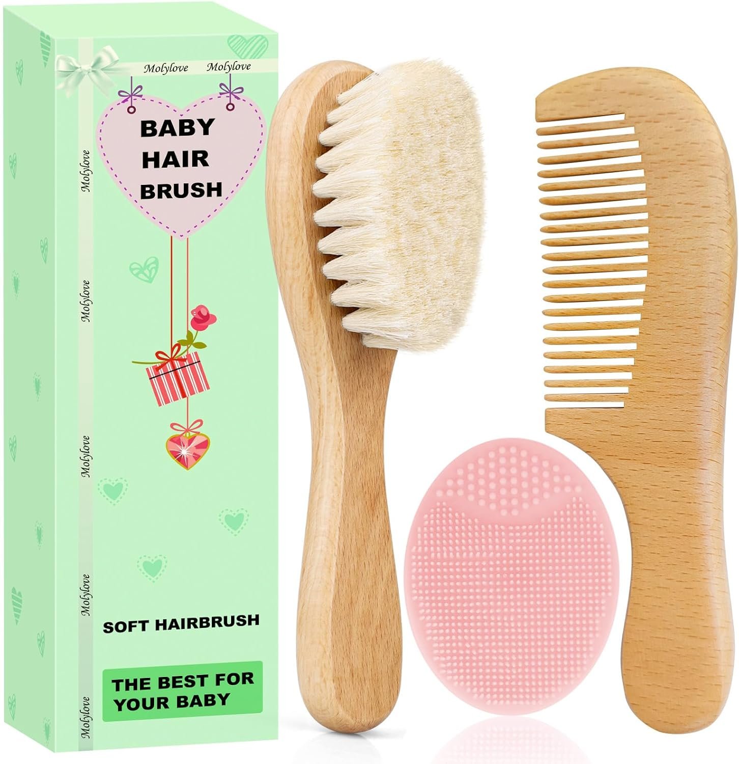 3PCS Baby Hair Brush with Wooden Handle and Comb Set for Newborns & Toddlers | Natural Soft Goat Bristles l Wood Comb l Pink Silicone Brush| Ideal for Cradle Cap