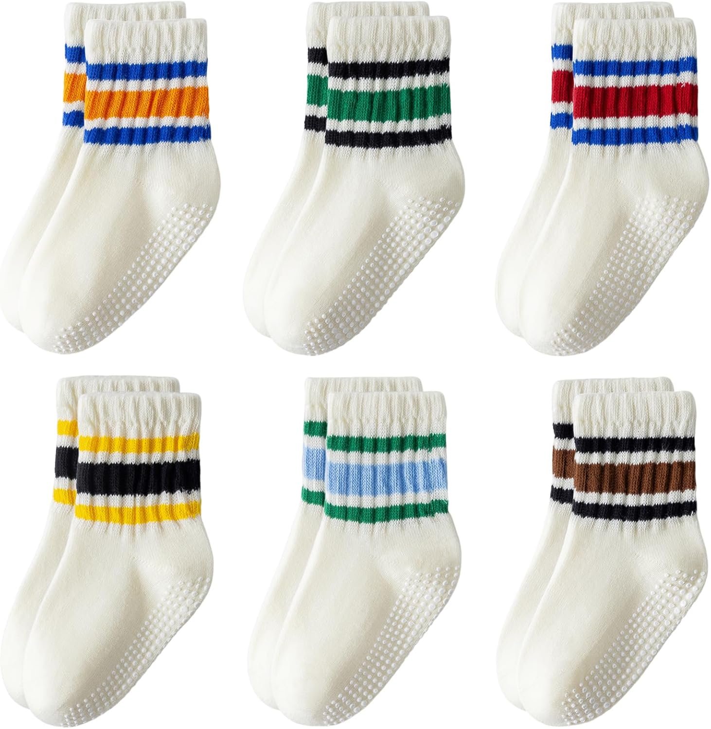 Toddler Non-Slip Socks,Unisex Baby Grip Crew Seamless Cotton Socks with Retro Stripe for Boys Girls Kids 6 Pairs