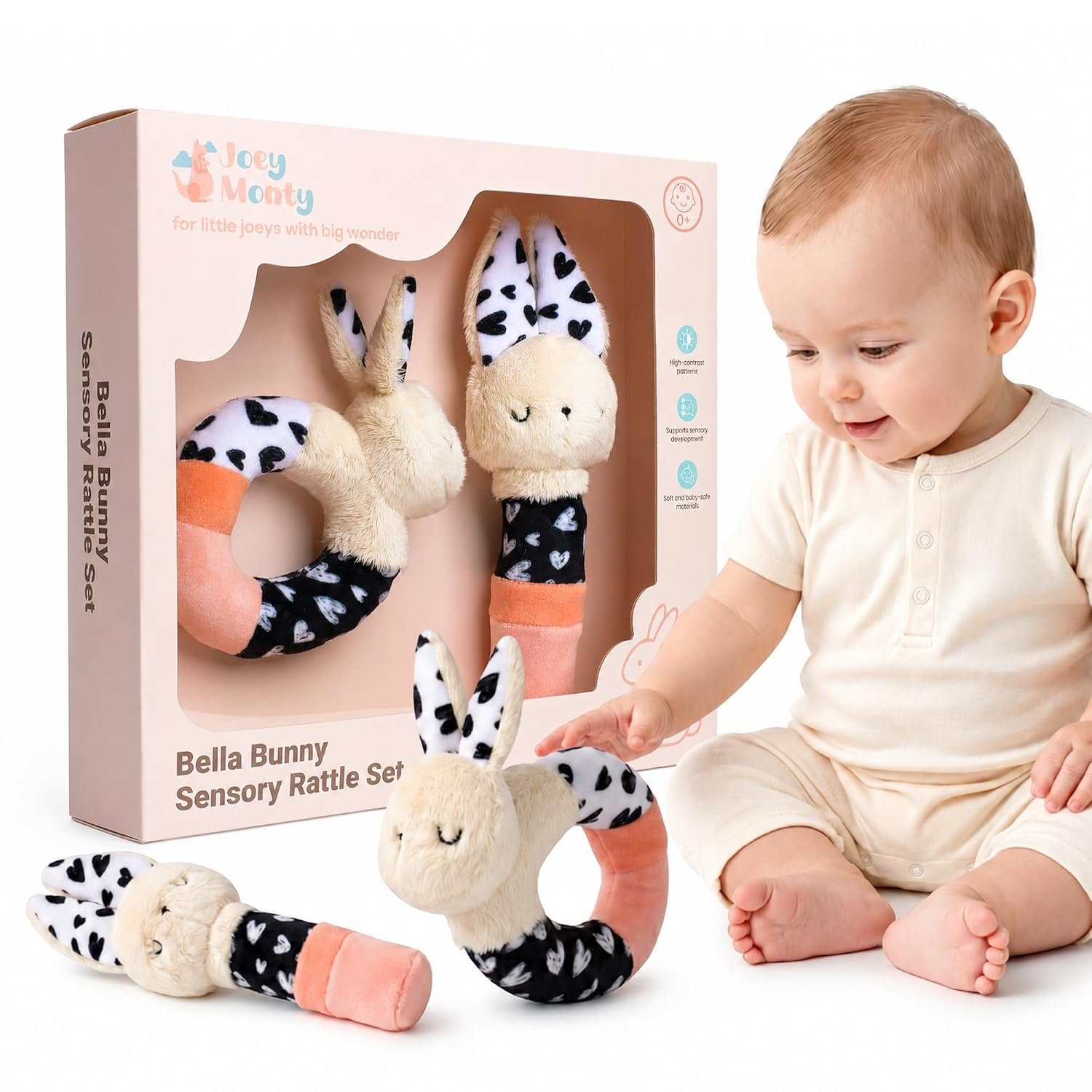 Bella Bunny Baby Rattle Toys for Babies 0-6 Months, High Contrast Newborn Toys, Soft Sensory Infant Rattles, Baby Girl Gift, Stick & Circle Rattles (2 Pack)