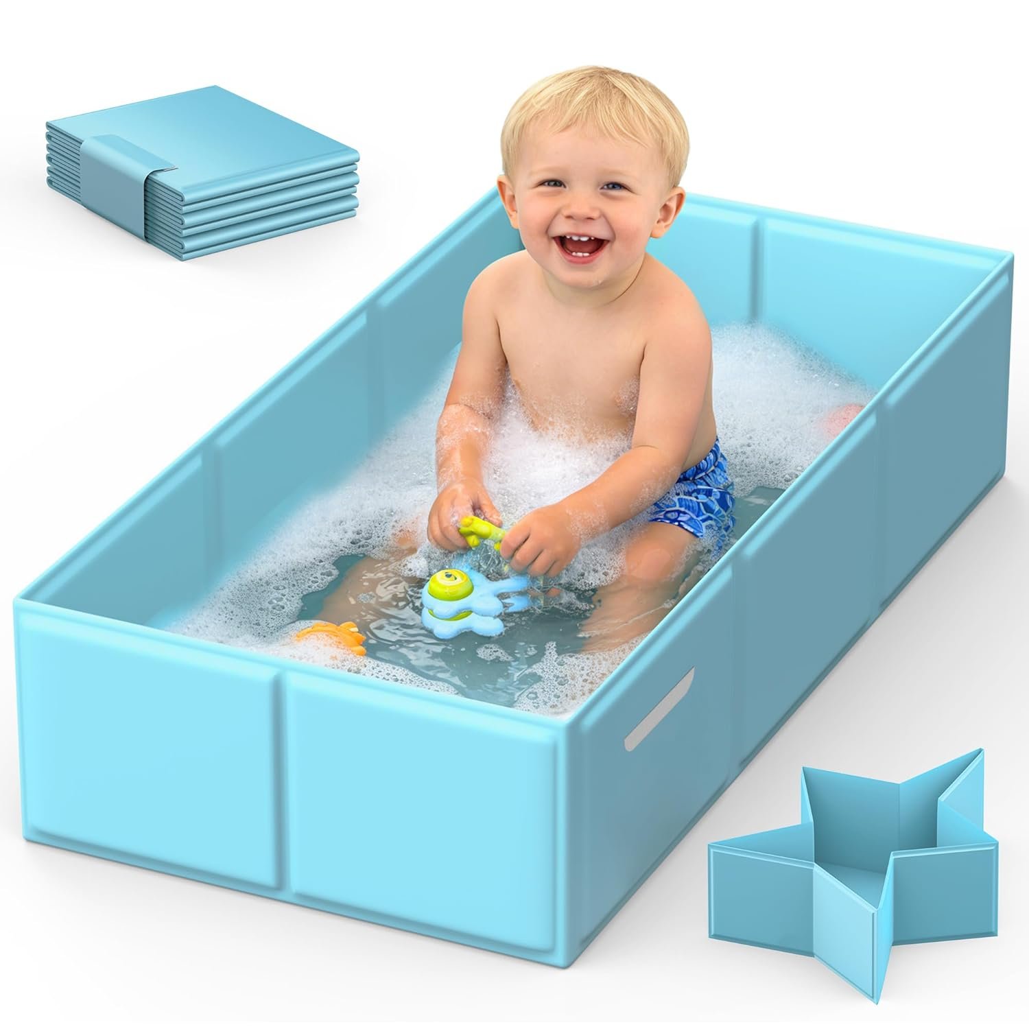 Foldable Baby Bathtub for Newborns & Toddlers, Collapsible Infant Bath Tub with Soft Cushion, Non-Slip Support & Drain Plug, Space-Saving Baby Tub for Small Bathrooms & Travel