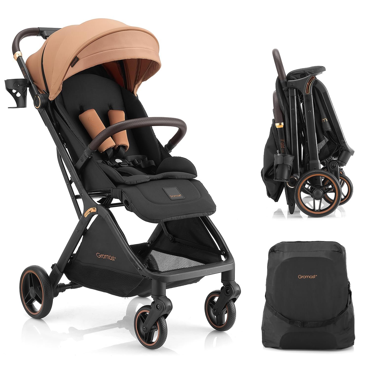 Gromast Gravity Folding Baby Stroller – Portable Travel Toddler Stroller w/Adjustable Backrest, Canopy & Cup Holder, Lightweight and UV Protected, One-Hand Automatic Folding – Khaki