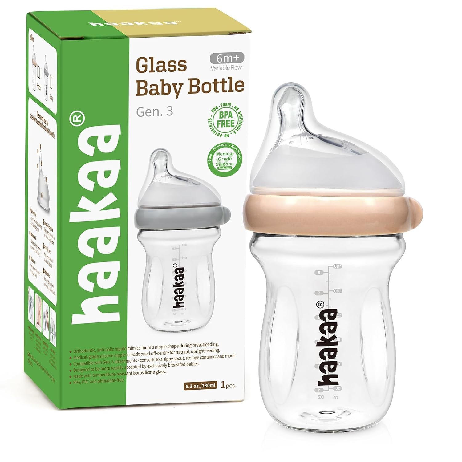 haakaa Gen.3 Natural Glass Baby Bottle Wide Neck Anti-Colic Variable Flow Nipple – Easy to Clean & Latch for 6M+ Breastfed Babies, Newborn Registry Essentials,BPA-Free, 6.3 oz/180 ml, Peach