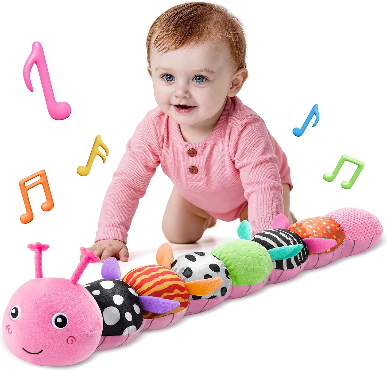 HEMRLY Baby Gifts Toys, Sensory Toy 0-6 Months, Musical Stuffed Caterpillar Plush with Soft Teether, Rattle for Tummy Time, Infant Car Seat Toy for 0-3-6-12 Month Boys Girls Gifts – Spotted Pink