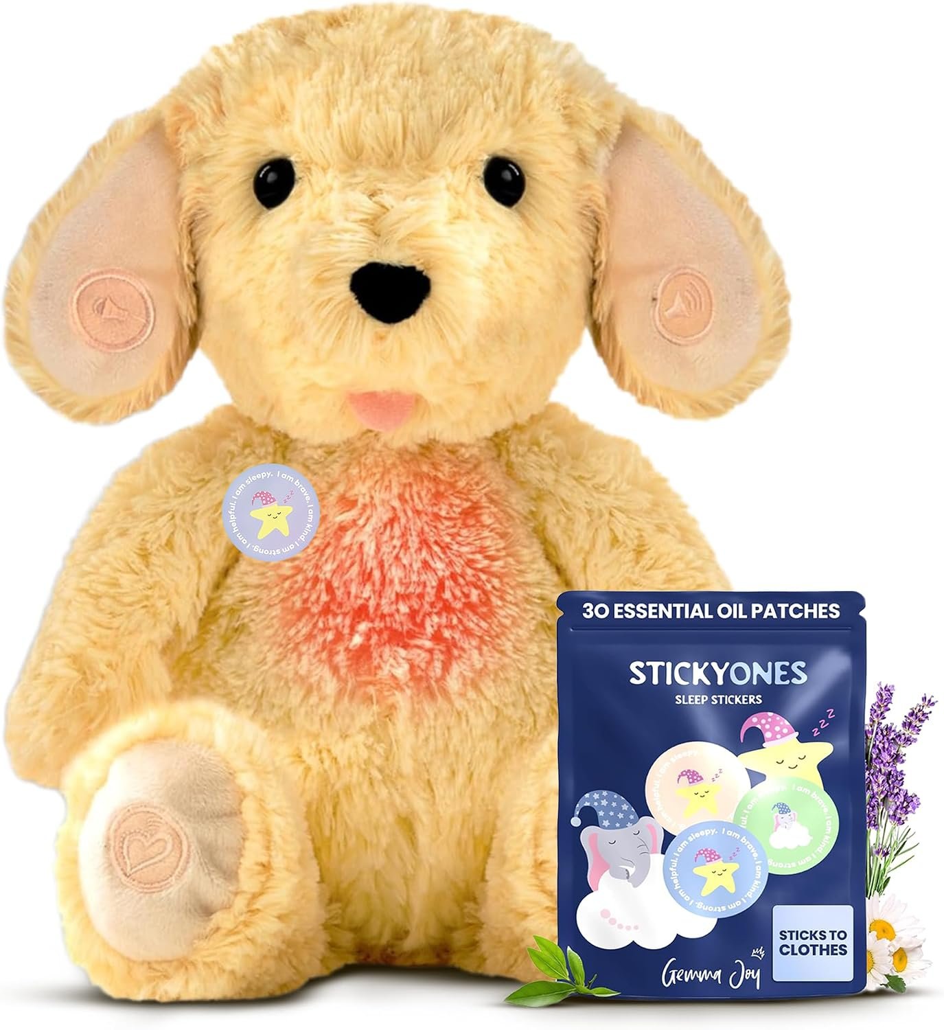 Gemma Joy Sleep Bundle – Cry Activated Heartbeat Puppy Soother and StickyOnes Kids Sleep Patches 30 Count, Melatonin-Free Aromatherapy Stickers – Newborn Baby Gift Set