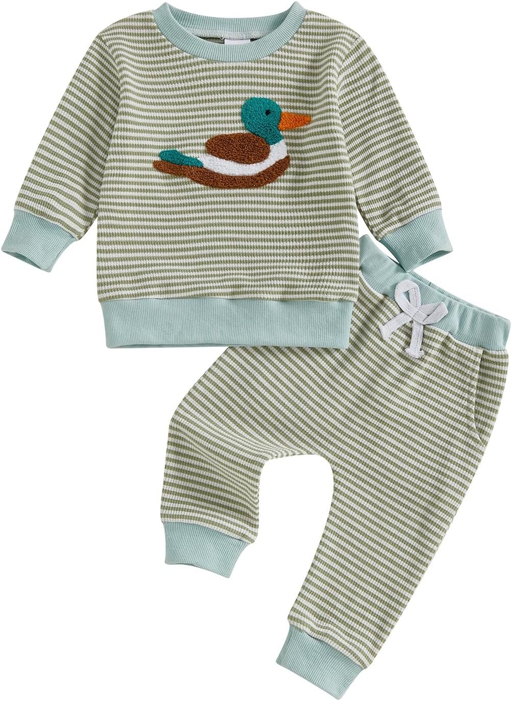 fhutpw Baby Toddler Boy Girl Fall Winter Clothes Embroidery Stripe Pullover Pants Sets Infant Long Sleeve Sweatshirt Outfits