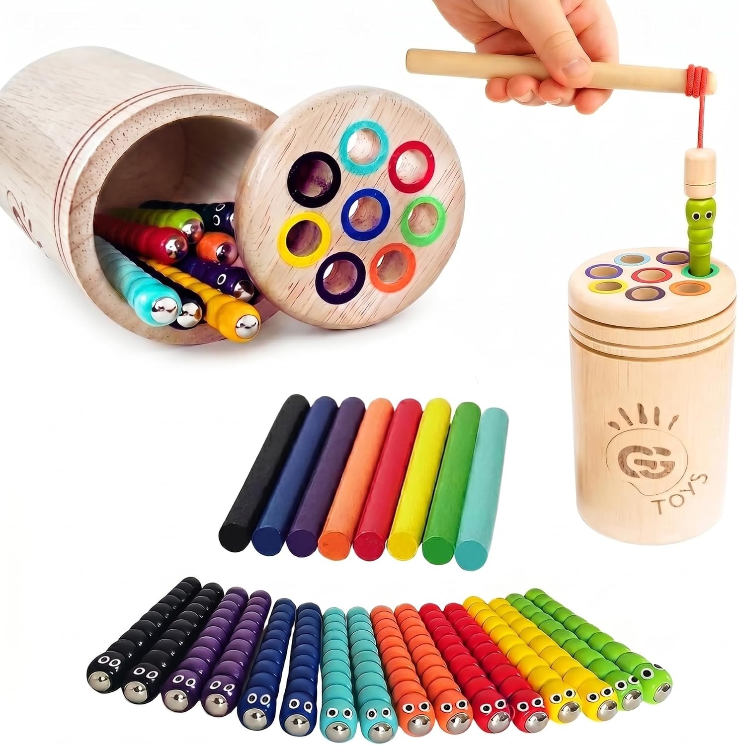 Montessori 3-in-1 Magnetic Fishing and Color Sorting Toys, Wooden Educational Toy for Ages 18 Months to 4 Years, Fine Motor Skills Learning Playset, Sensory Preschool for Toddlers, Boys, Girls