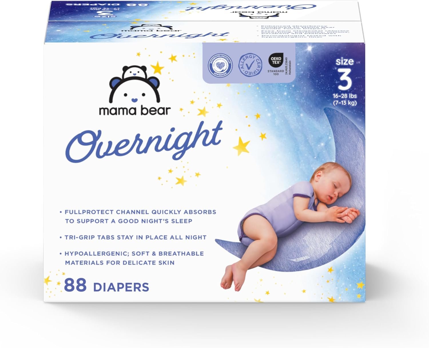 Amazon Brand – Mama Bear Overnight Baby Diapers with Leak Protection, Fragrance-Free, Size 3, 88 Count
