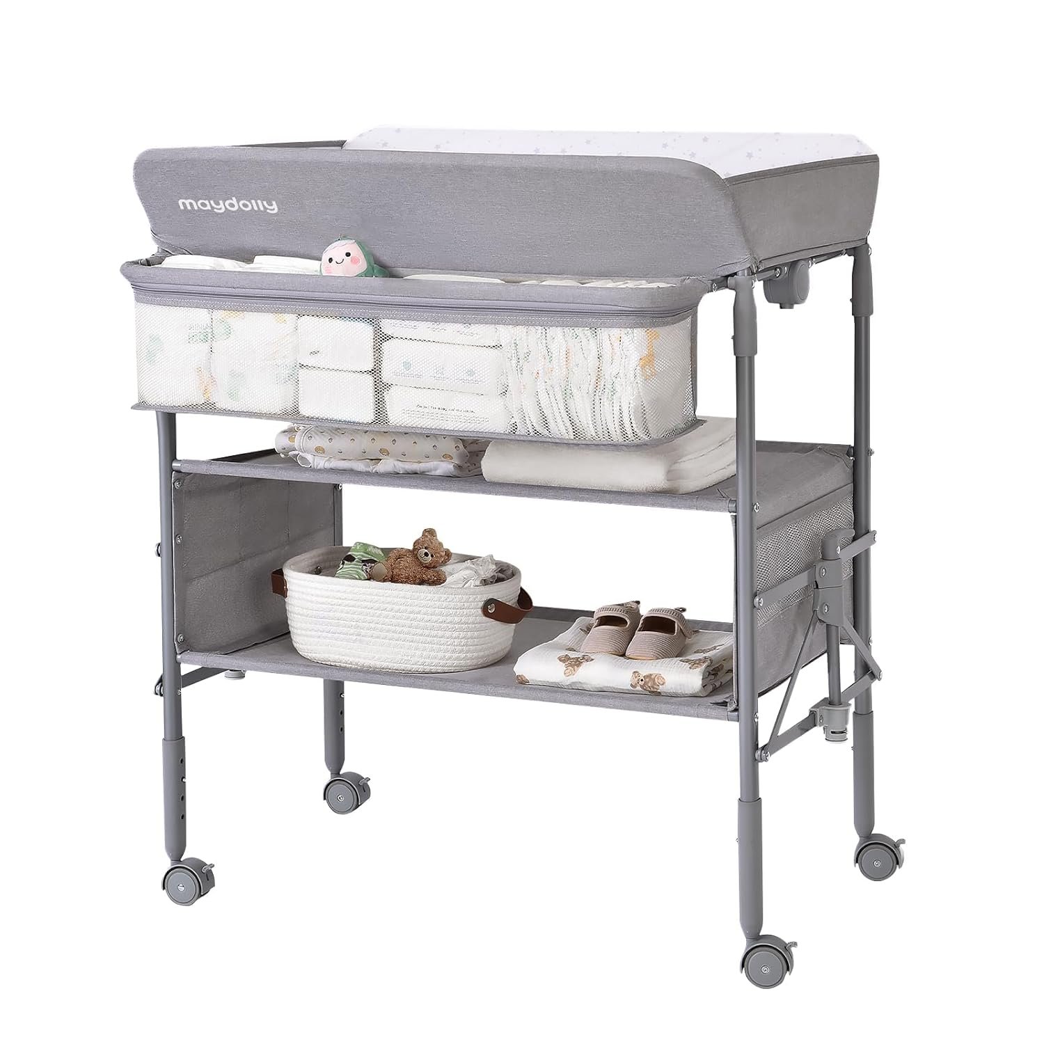 Maydolly Baby Changing Table, Maydolly Portable Foldable Changing Table, Waterproof Diaper Changing Station, Adjustable Height Changing Station, Mobile Nursery for Newborn and Infant