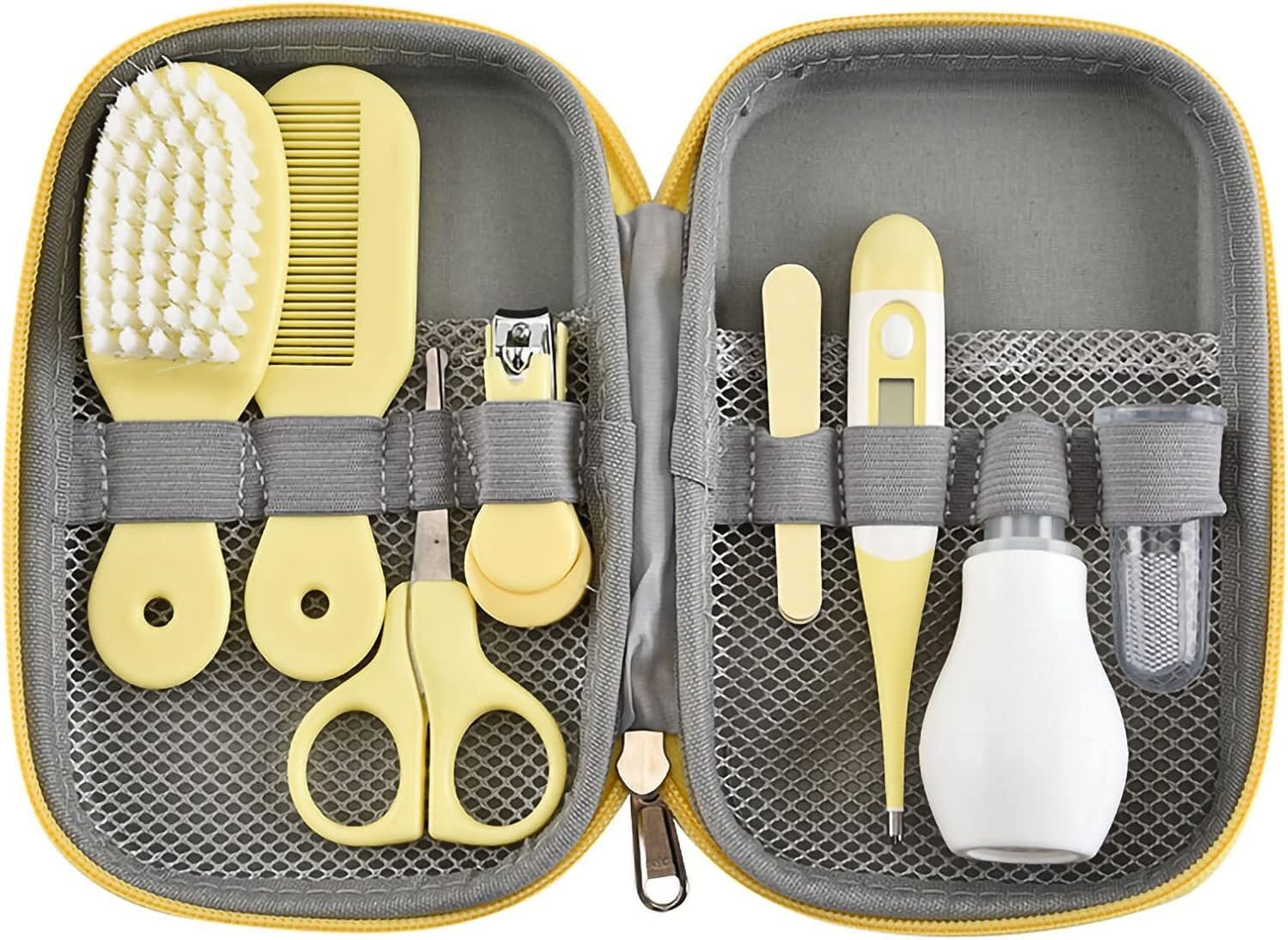 Plplaaoo Baby Healthcare and Grooming Kit–8 in 1 Newborn Nursery Health Care Set with Nail Clipper Hair Brush Nose Cleaner Finger Toothbrush Scissor,Safe Baby Grooming Kit for Newborns(Yellow)