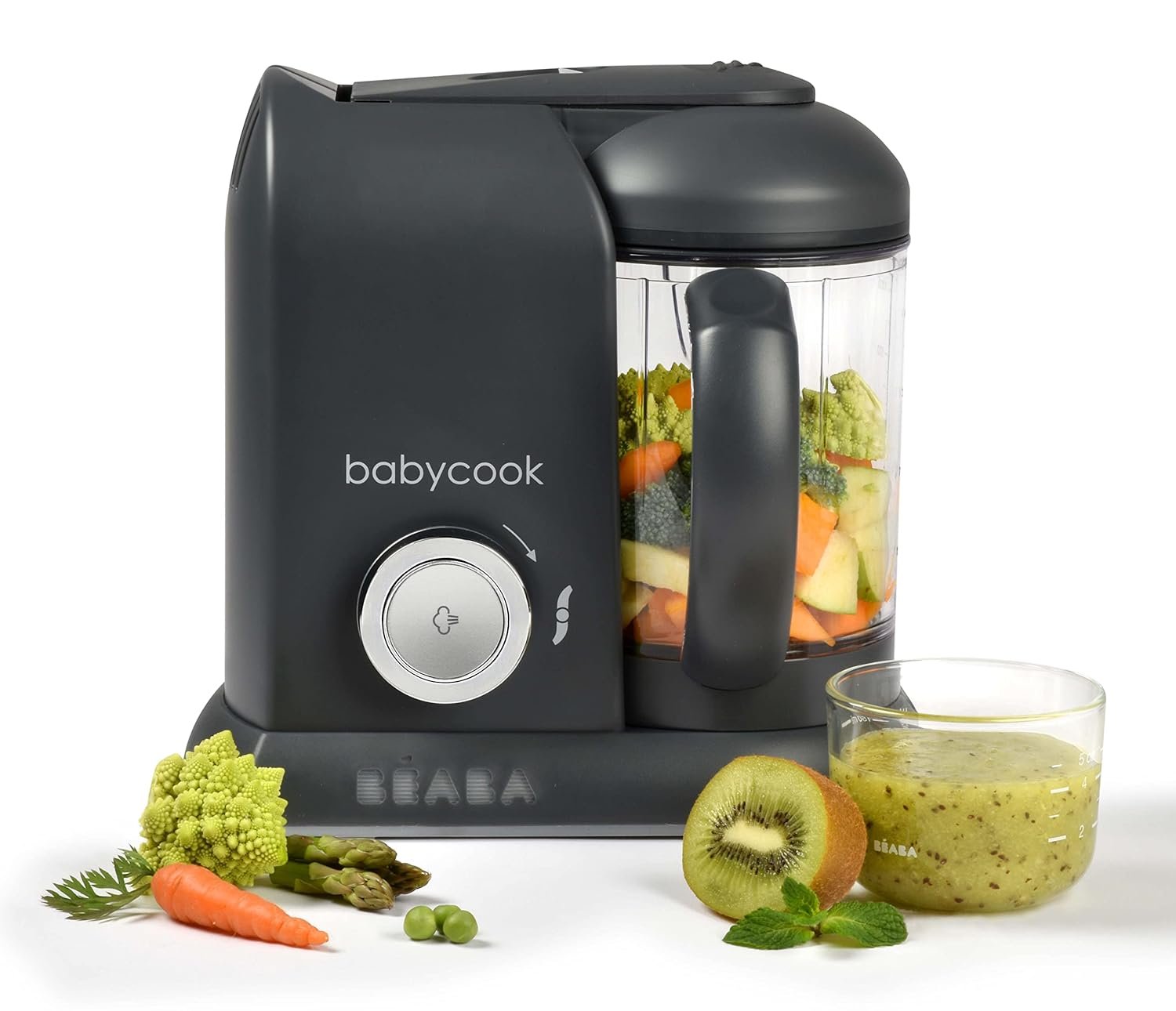 BEABA Babycook Solo 4 in 1 Baby Food Maker, Puree Steamer and Blender for Purees, Grinder with Auto Steam Cooking, Lrg Capacity 1,100 mL/ 37 oz, 27 Servings in 20 Mins, (Charcoal)