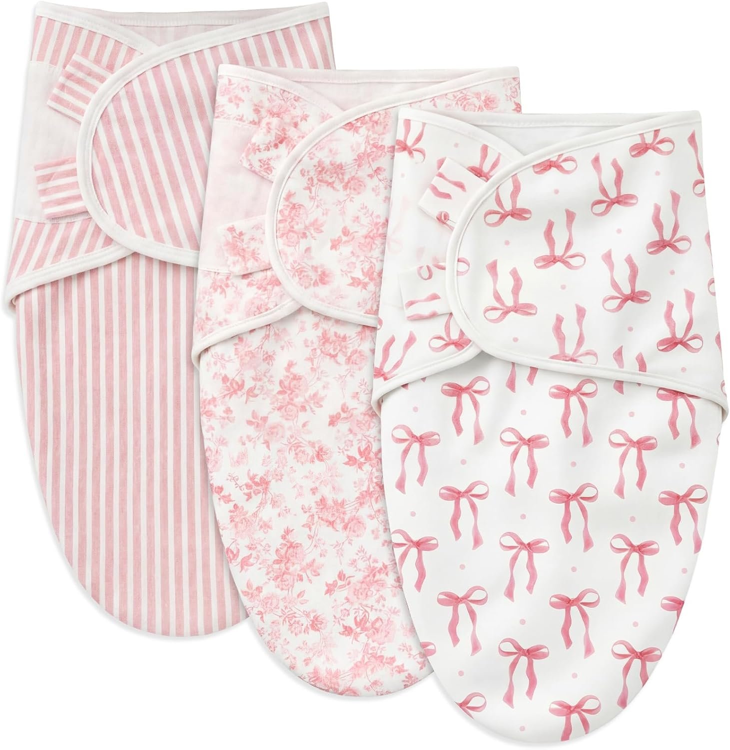 Janmercy 3 Pack Newborn Swaddle Blankets Soft 100% Cotton Blankets for Girls Cute Pink Floral, Striped & Bow Print Swaddling Wraps Breathable Infant Essentials Gift Set (0-3 Months)