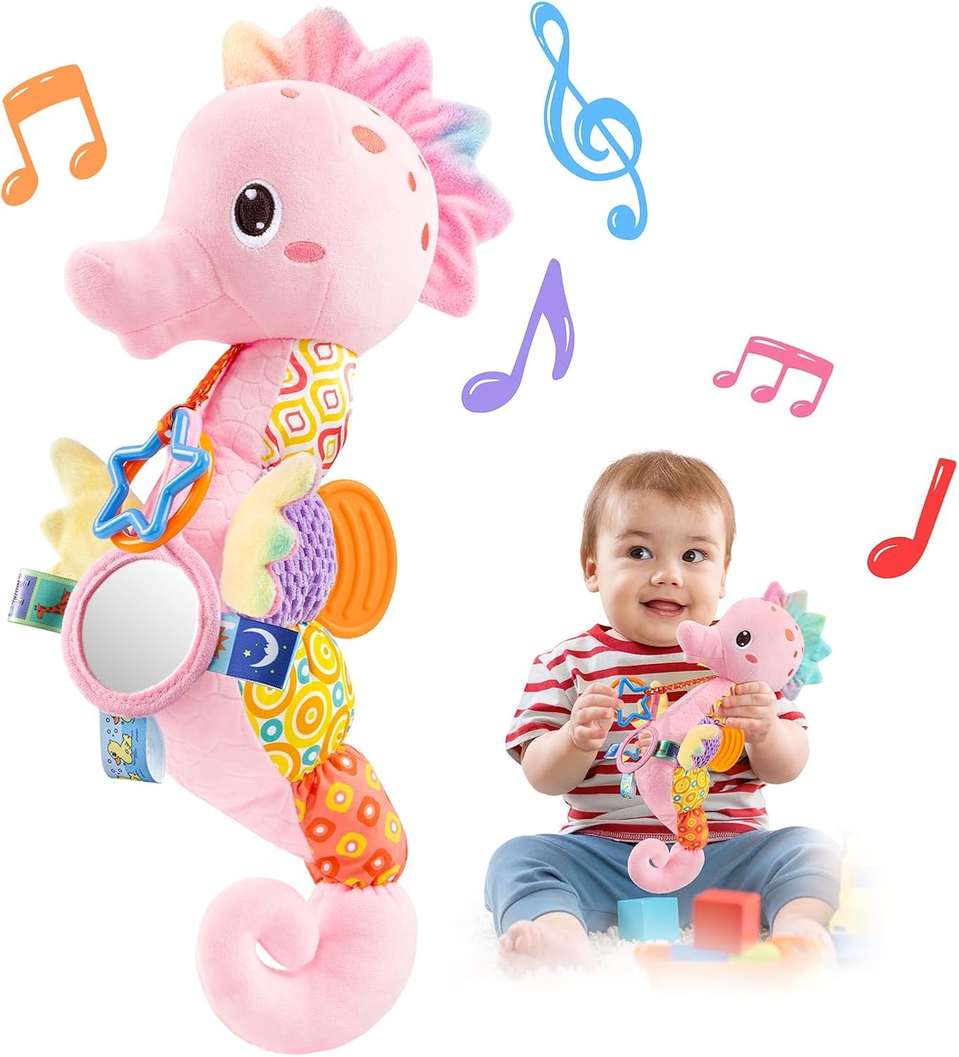 LIGHTDESIRE Baby Toys Musical Seahorse,Infant Stuffed Animal Toys with Crinkle and Rattles,Soft Sensory Toys with Textures for Tummy Time Newborn Boys Girls 0 3 6 12 Months(Pink)