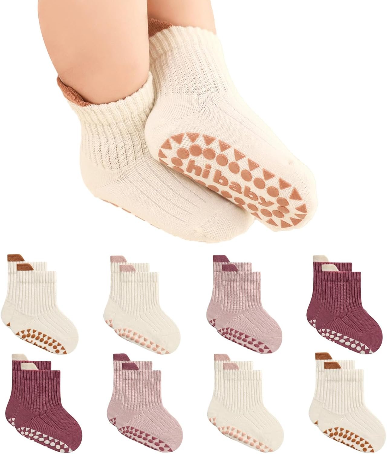 BONANGEL Baby Socks with Grips, 8 Pairs Non Slip Cotton Ankle Socks for Toddler Girls Boys Infants Kids 6M-5 Years Old