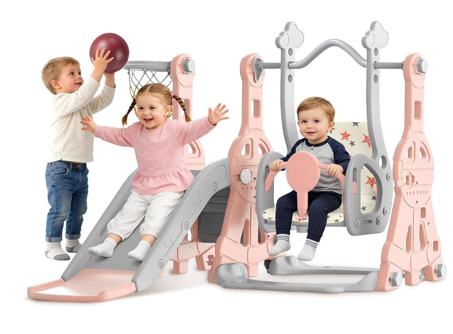 BIERUM Toddler Slide and Swing Set – Baby Slide for Toddlers Age 1-2, with Basketball Hoop, Indoor Outdoor Playset Pink Gray