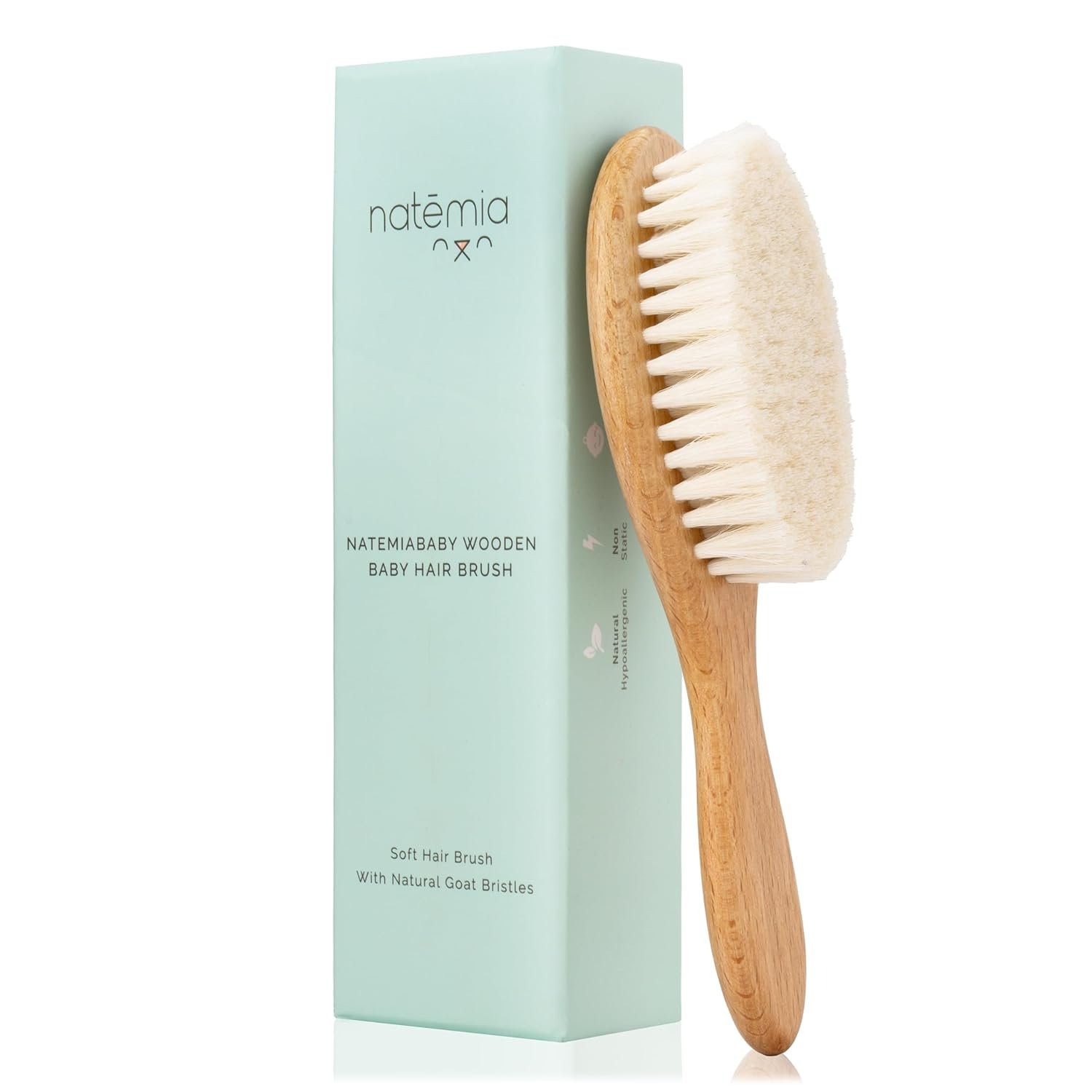Natemia Wooden Baby Hair Brush – Natural Goat Hair Bristles – Gentle Soft Bristles for Scalp Massage – Cradle Cap Comb for Flake Removal – For Baby Grooming Kit & Toddler Hair Brush