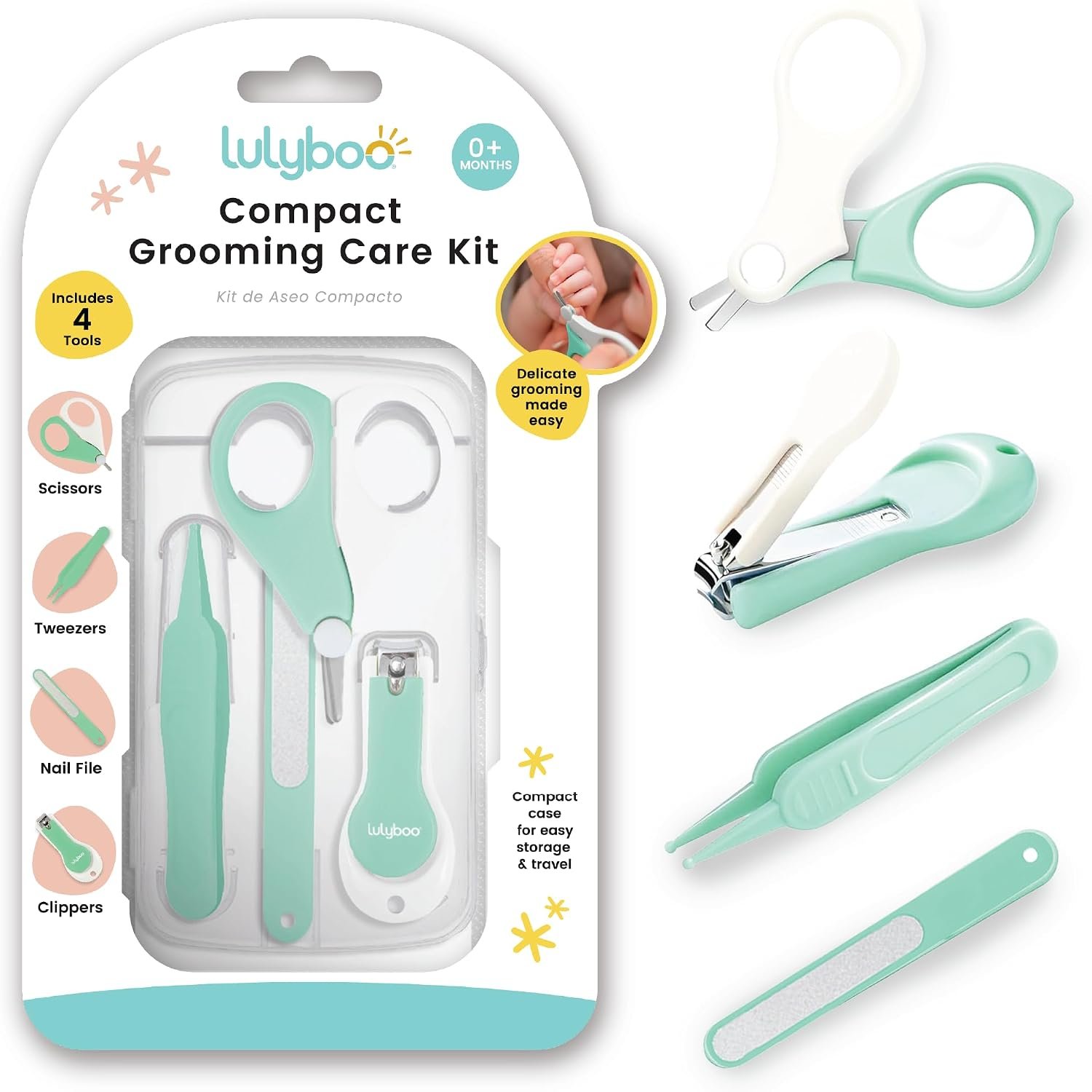 Lulyboo 4-in-1 Newborn Baby Grooming Kit – Compact Travel Case, Stainless Steel Nail Clipper, Rounded-Tip Scissors, Nail File & Baby Tweezers, BPA-Free, Wipe-Clean Exterior, Durable & Portable