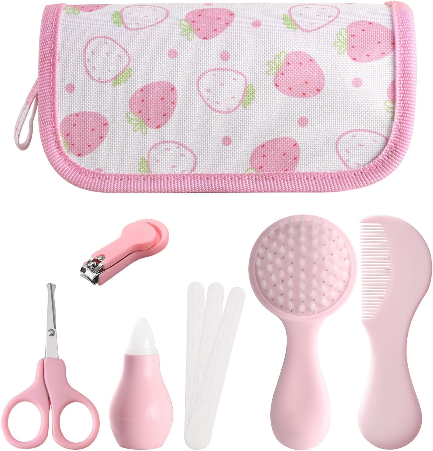 Baby Grooming Kit 6 – Piece Set in Storage Bag(Pink) – Soft Brush, Comb, Nail Clippers, Nasal Aspirator, Safety Scissors & File for Newborn/Toddler Care