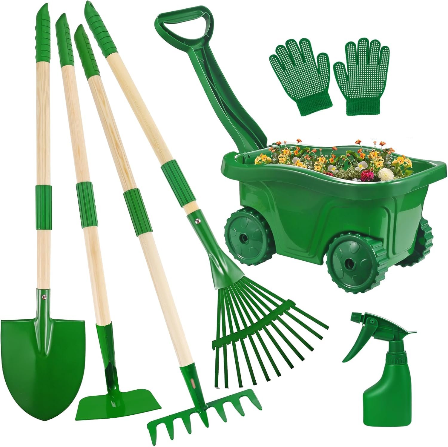 Duckura Kids Gardening Tools Set – 7pcs Wheelbarrow Set for Kids with Shovel, Rake, Leaf Rake, Summer Outdoor Yard Digging Weed Birthday Gifts Toys, Easter for Boys Girls Age 2 3+ Years(Green)
