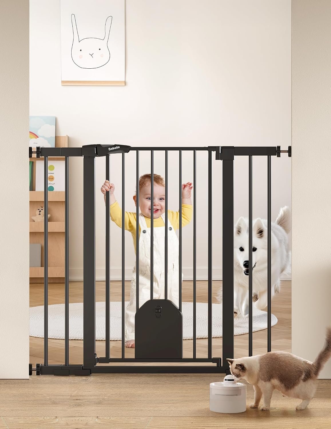 Babelio 36″ Tall Auto Close Baby Gate with Cat Door, CatPrivilegeⅠ, 29-43″ Metal Gate for Doorway, Stairs, House, Easy Walk Thru with Pet Door, Includes 4 Wall Cups and 3 Extension Pieces, Black