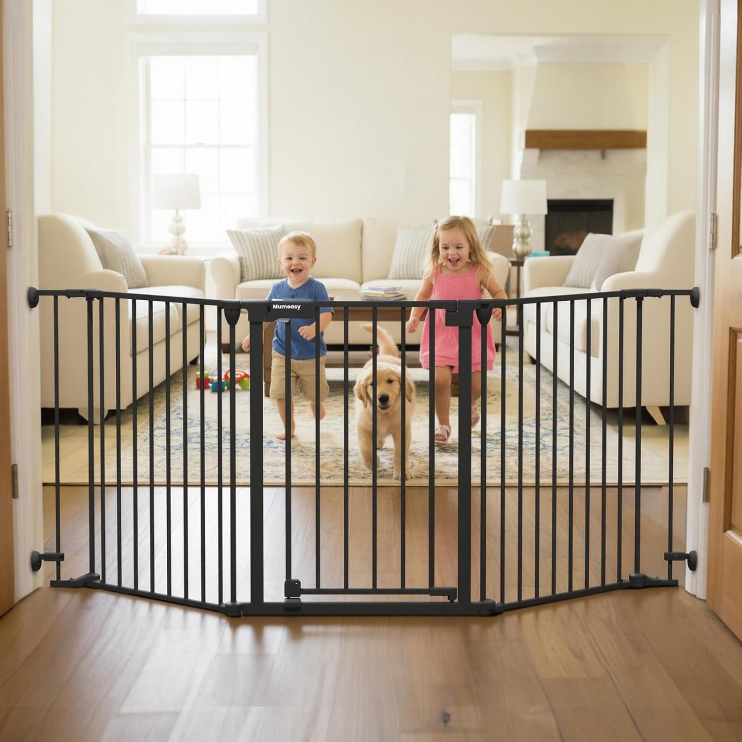 Mumeasy 80″ Extra Wide Baby Gate for Doorways, Stairs & Fireplace, Auto Close Dog & Pet Gate with Walk Thru Door, 3 Metal Panels, Hardware Mounted Child Safety Fence for House, Indoor/Outdoor, Black