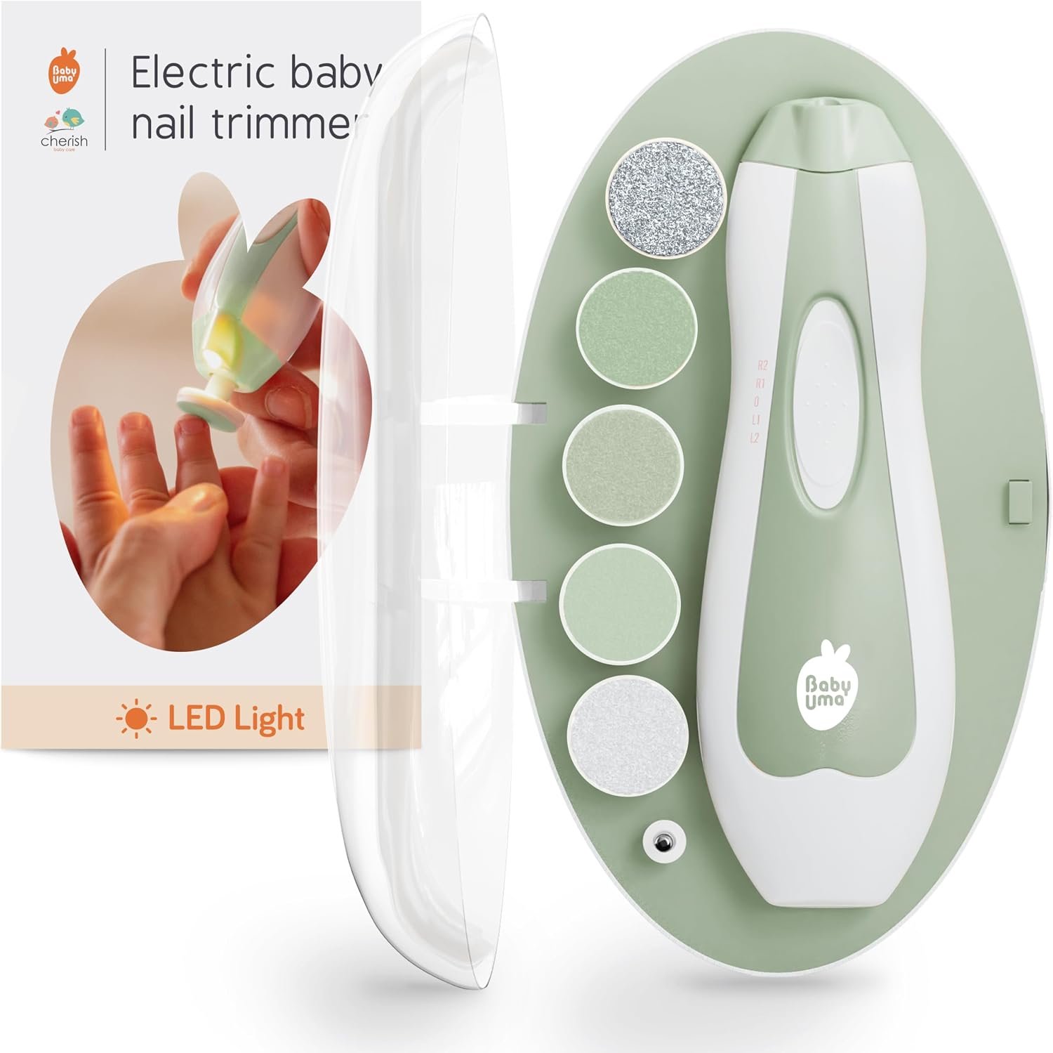 Baby Uma LED Baby Nail Trimmer Electric – Auto-Safety Stop Baby Nail Clippers, Bi-Directional Electric Baby Nail File with 2 Speeds & 6 Filing Discs, Newborn Essentials (+ Travel Case)