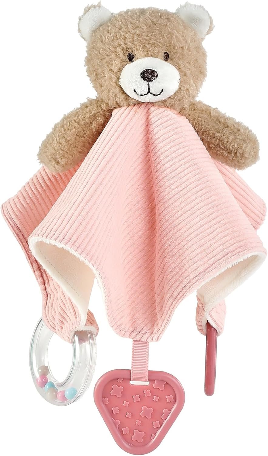 CREVENT 3-in-1 Baby Lovey Blanket with Teether & Rattle | Plush Chewable Animal Head Security Blanket, Birthday Gift – Pink Bear
